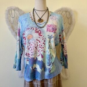 Girly Grunge Vintage Y2K Asian Floral Print Rhinestone Top Blue 3/4 Sleeve Funky